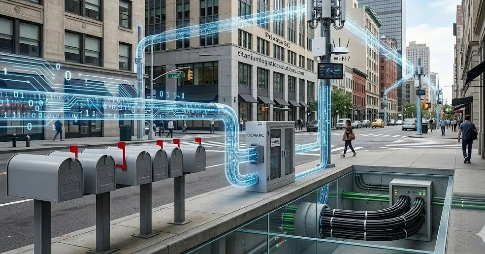 Futuristic logistics infrastructure — fiber, private 5G, and modern mail systems woven into an American streetscape