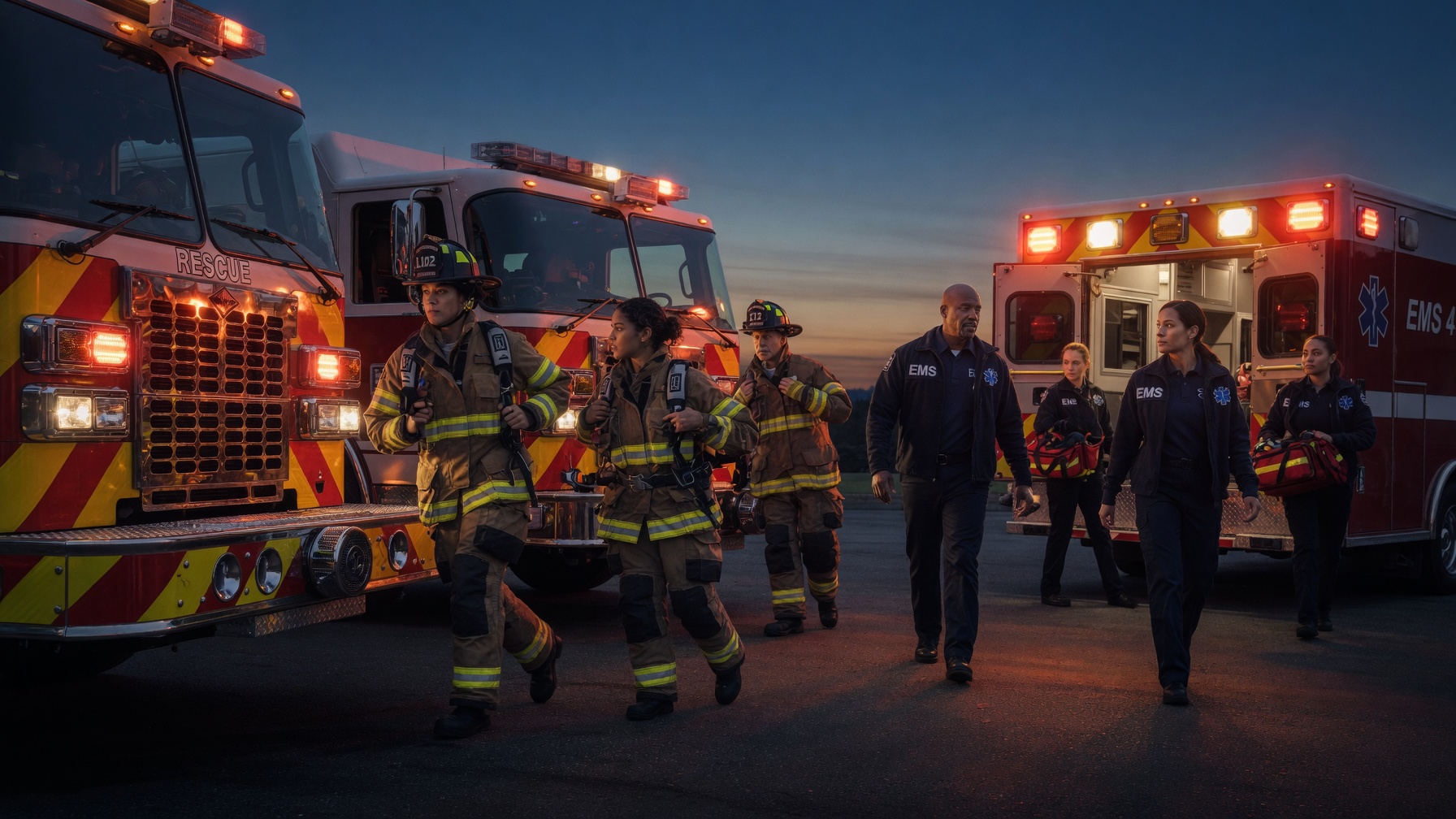 Firefighters and EMS crews at dusk beside their engines