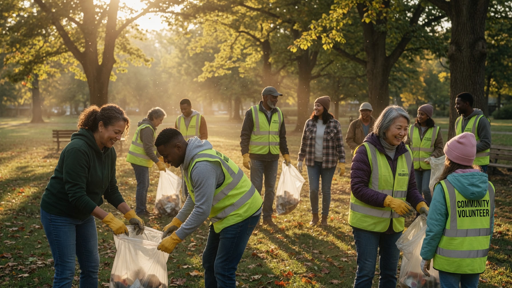 Volunteers in high-visibility vests cleaning a park