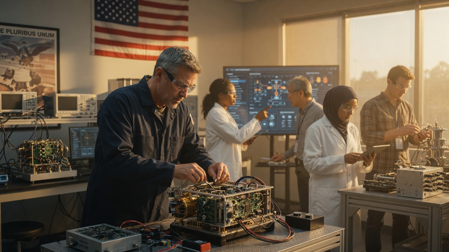 Engineers testing equipment in a lab beneath an American flag