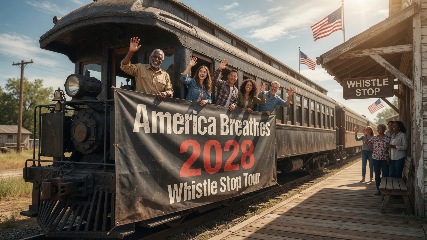 The Listening Team waving from the train car as it pulls into a Whistle Stop platform