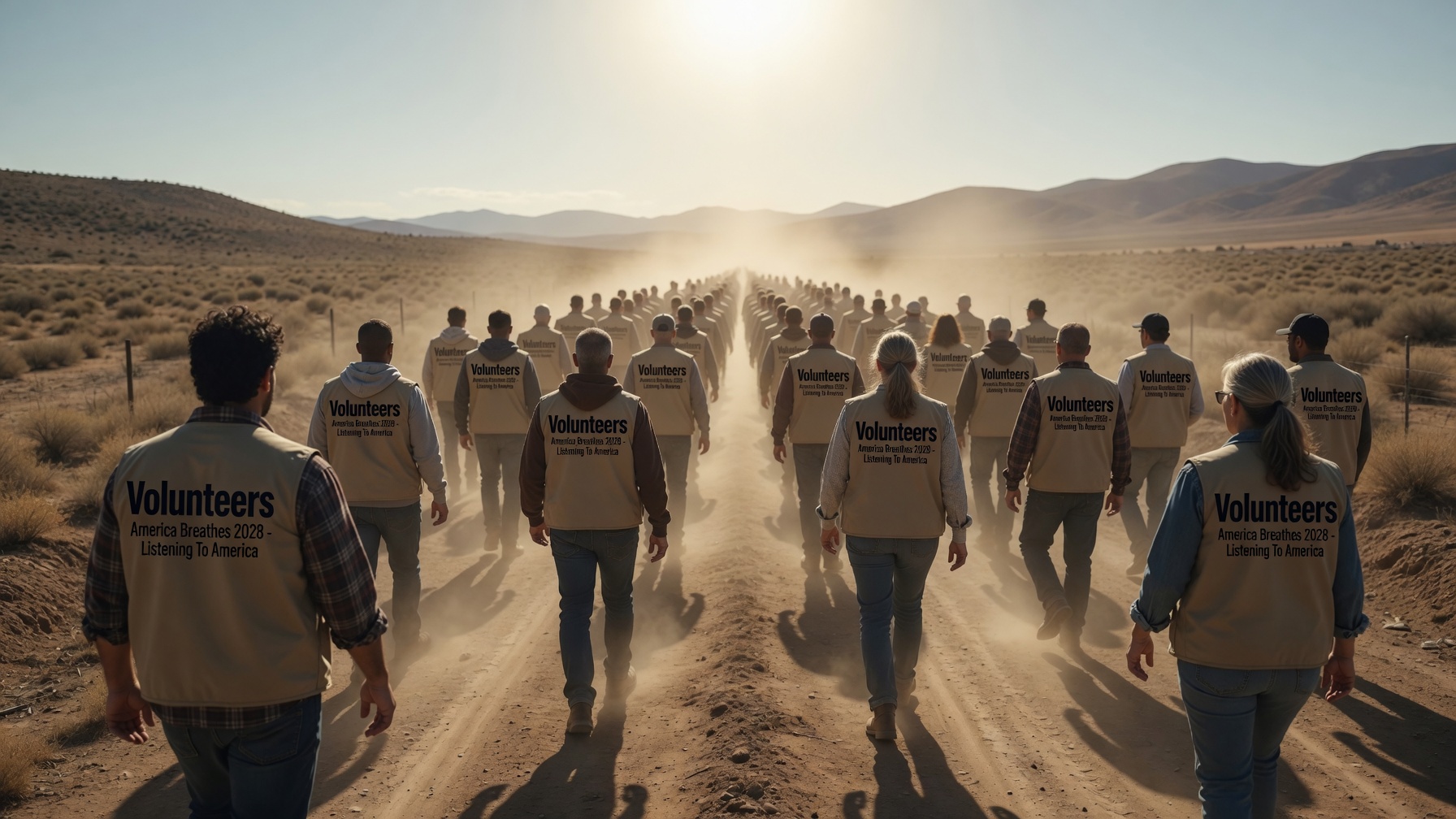 A long line of volunteers in America Breathes 2028 vests walking a dirt road toward the horizon