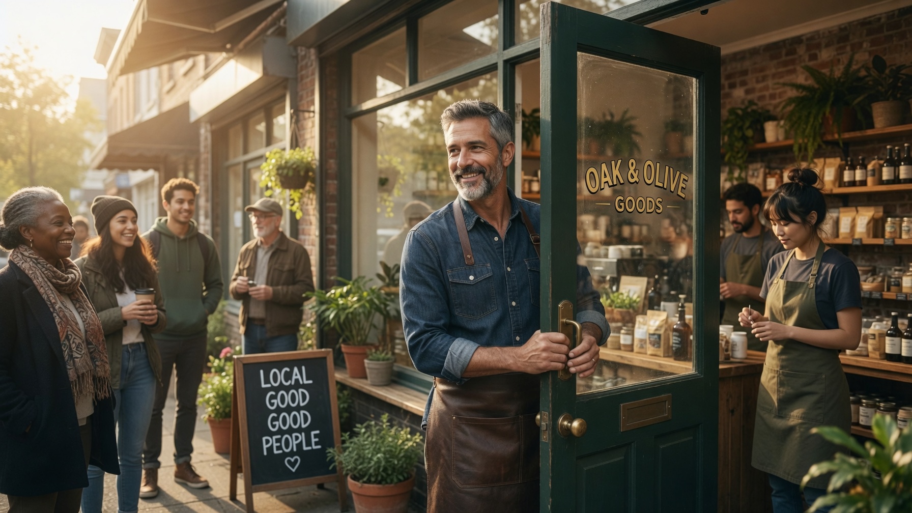 A shop owner welcoming customers through the door