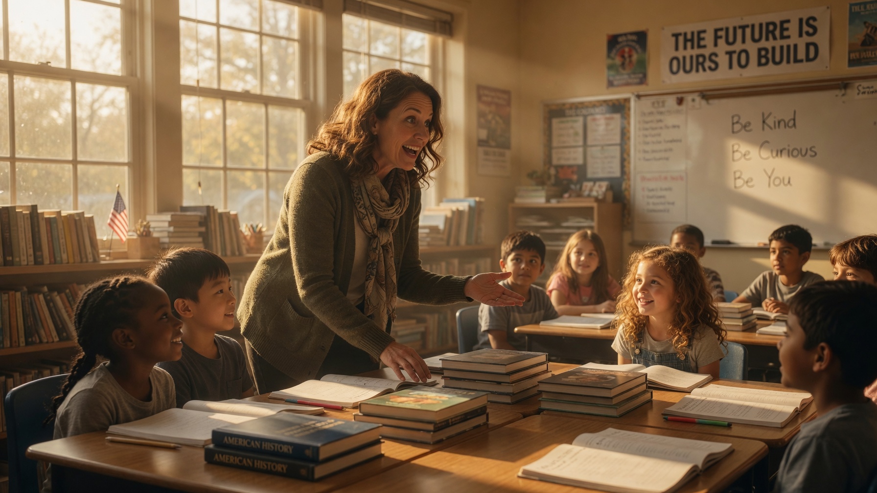 A teacher with students in a sunlit classroom