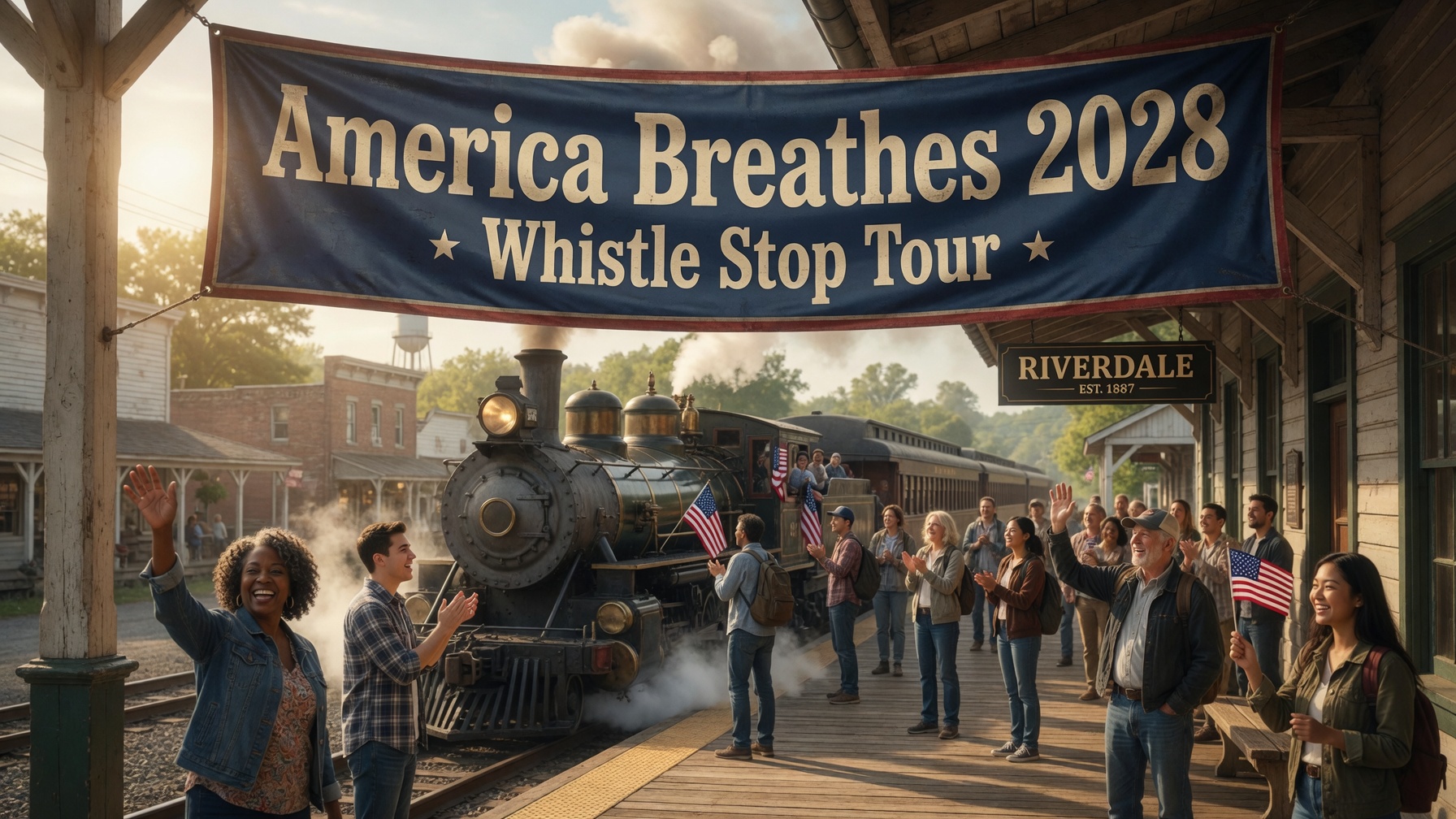 A small-town depot crowd waving as the Whistle Stop Tour train arrives beneath an America Breathes 2028 banner