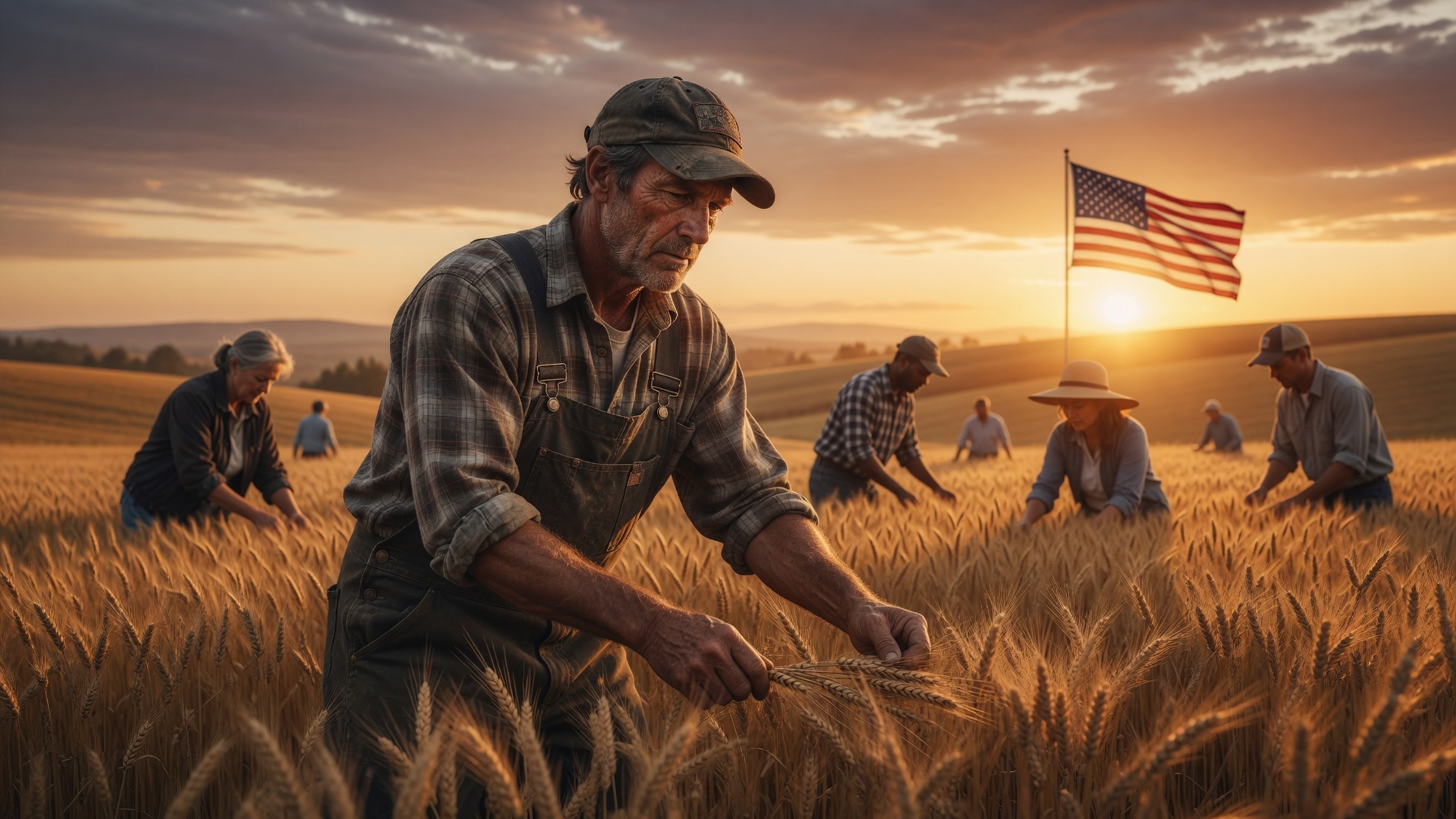 Farmland at sunrise with rural and city communities beyond