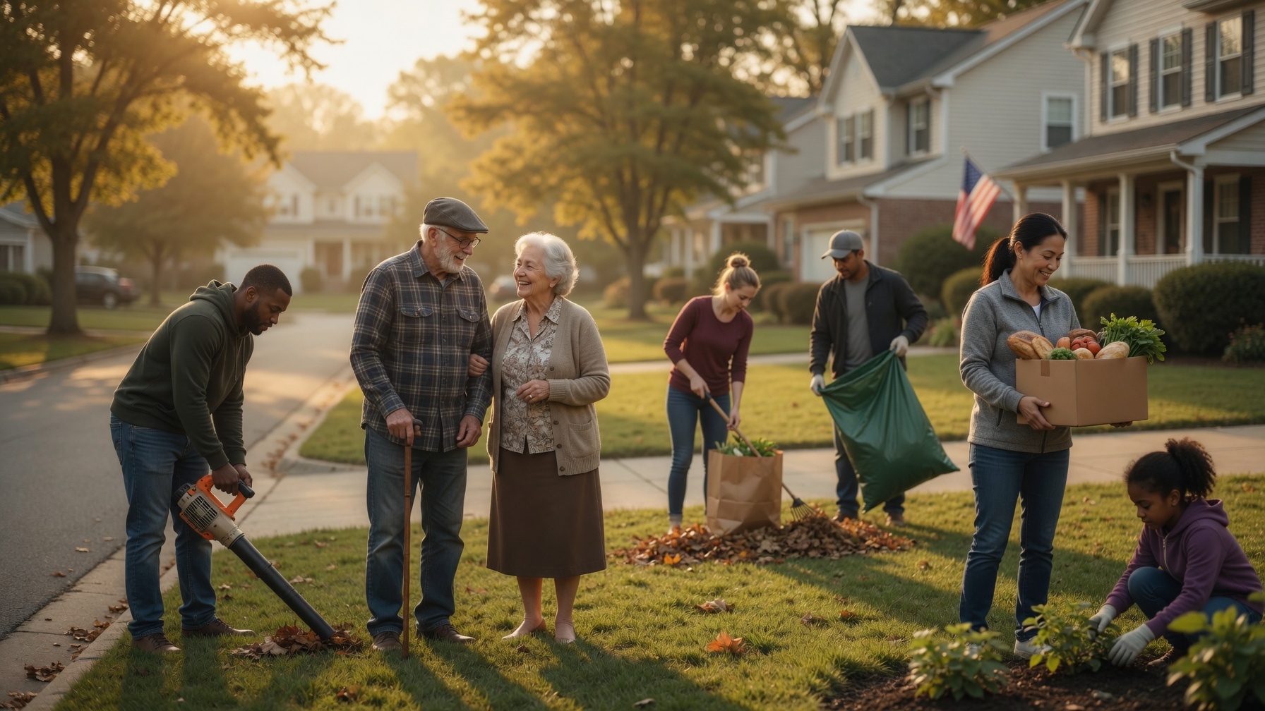Neighbours clearing leaves and delivering groceries on a suburban street