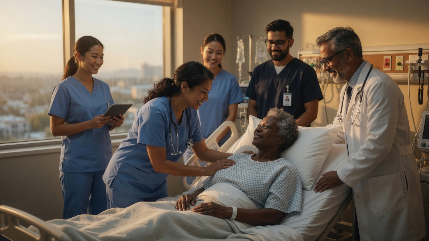 Nurses and a doctor with an elderly patient in hospital
