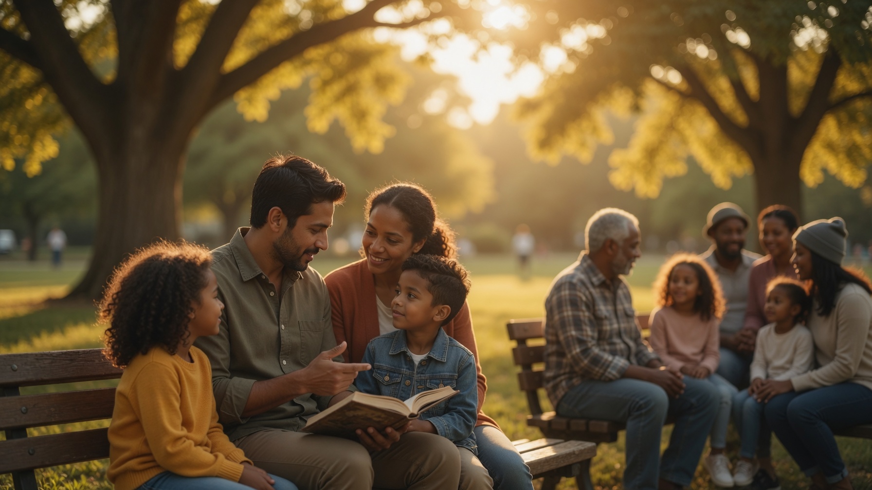 Families reading and talking together on park benches