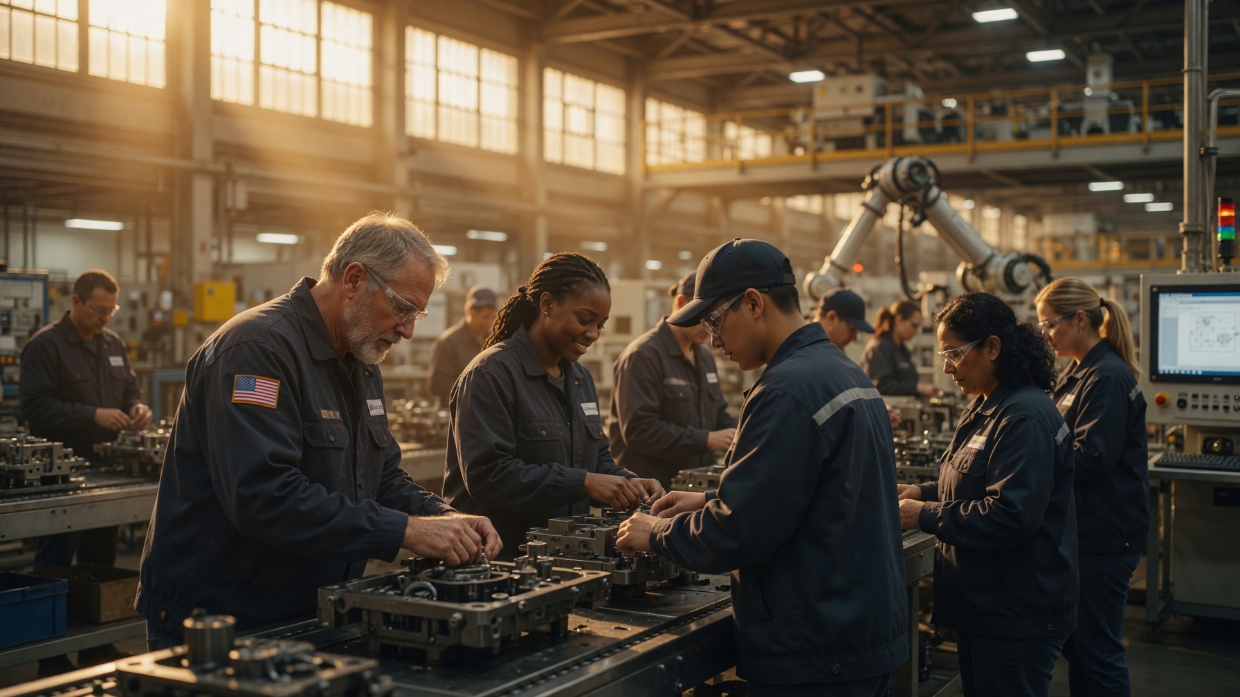 Workers on a factory assembly floor