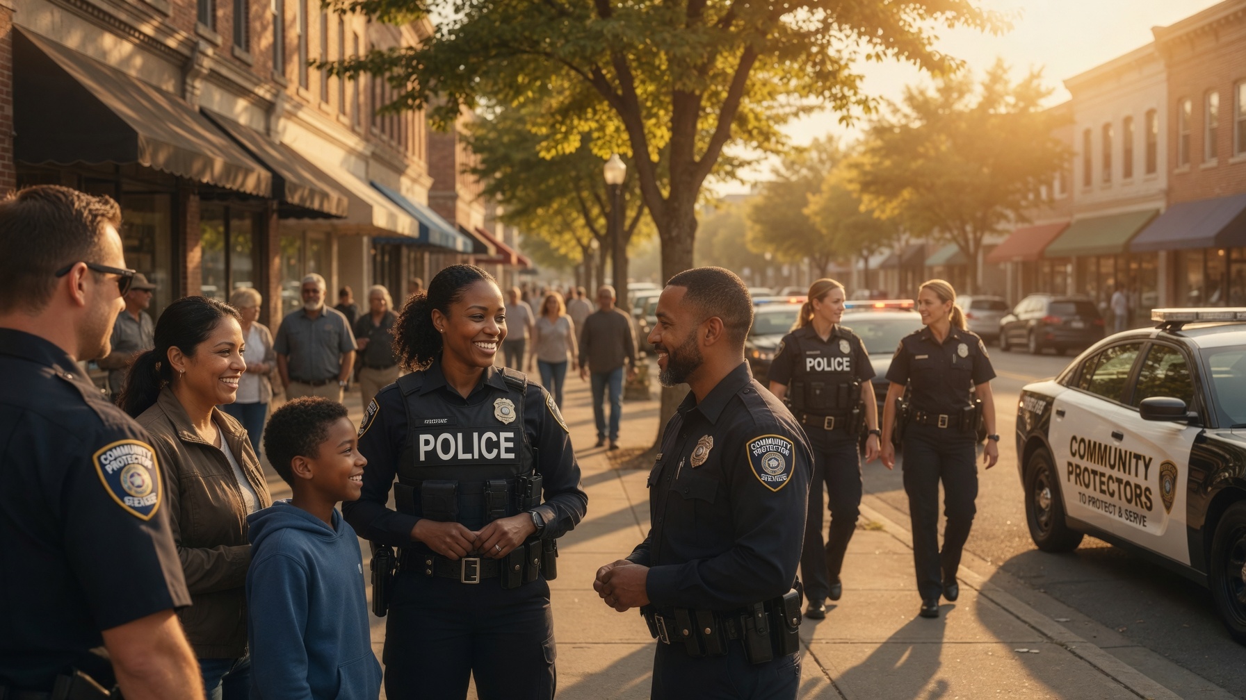 Police officers talking with families on a small-town street