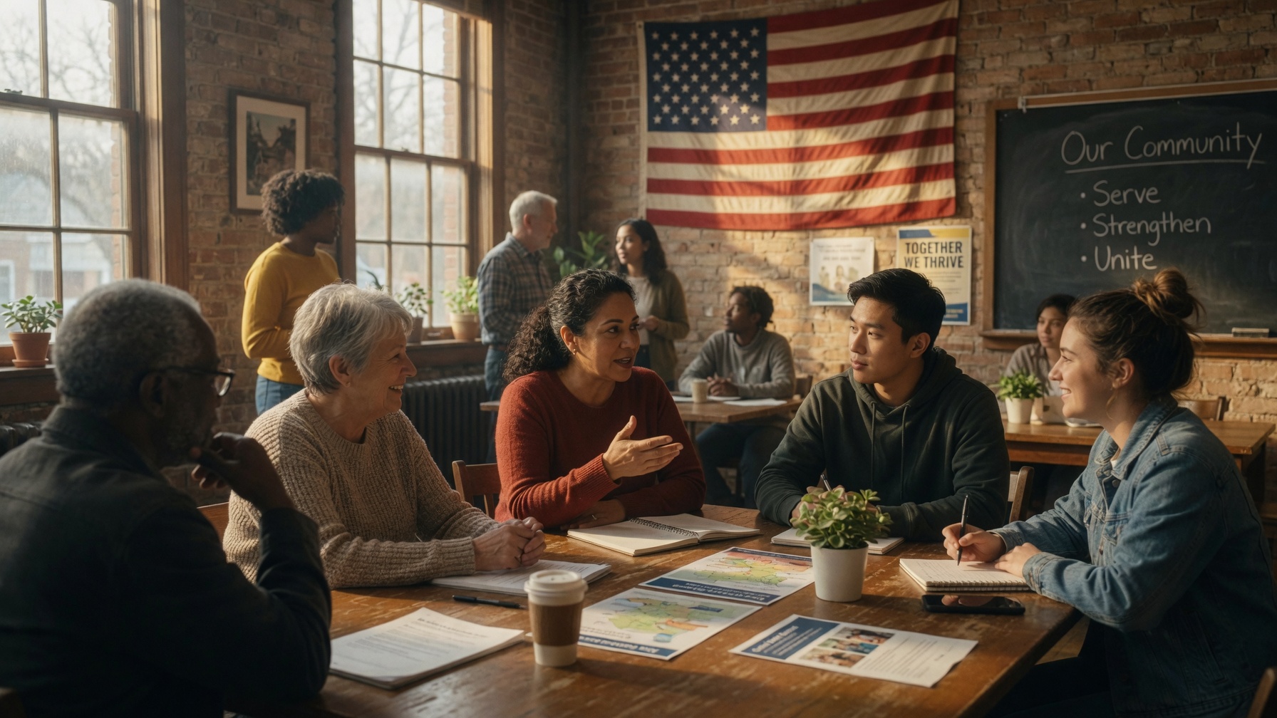 Neighbours around a table at a community meeting