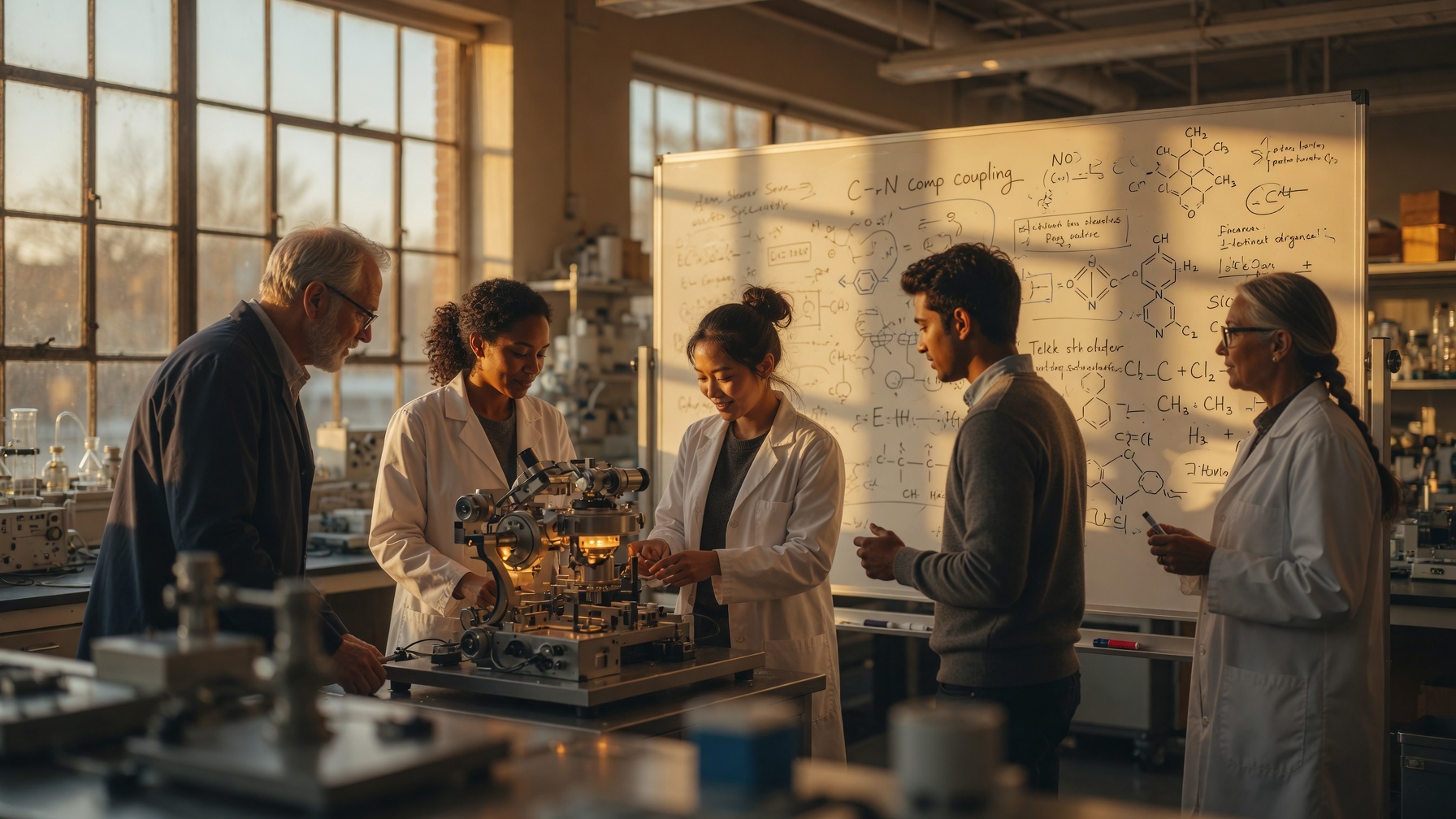 Researchers at a whiteboard in a laboratory
