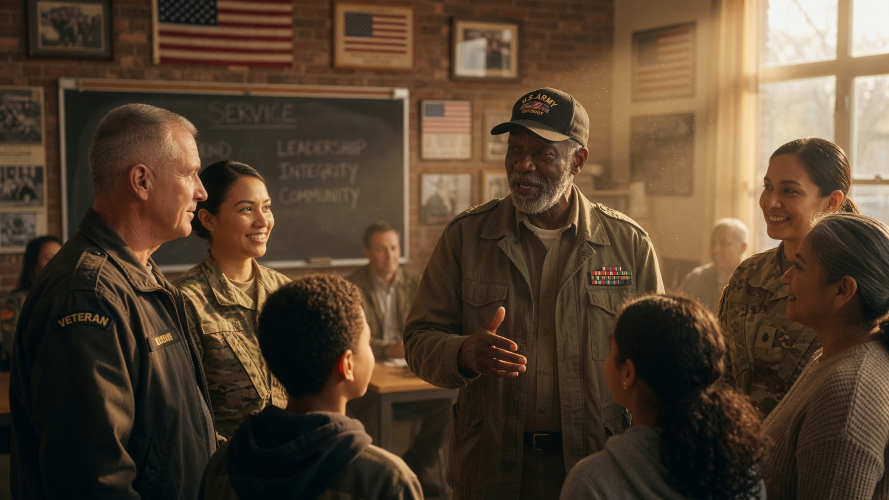 A veteran speaking with students and service members