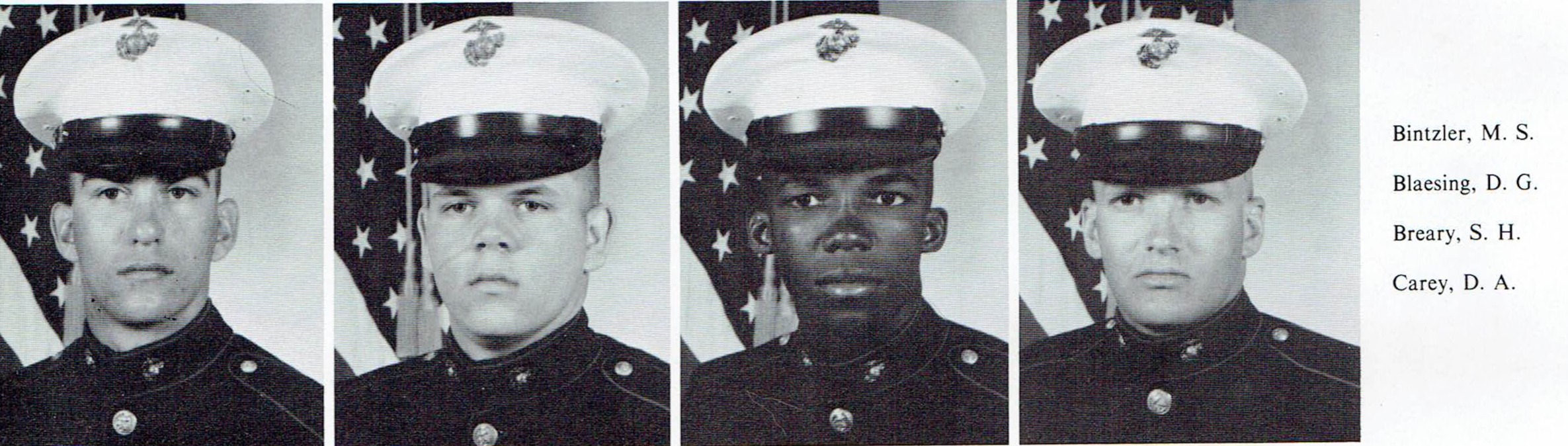 Marine Corps boot camp platoon book showing Blaesing, D. G. and Carey, D. A.