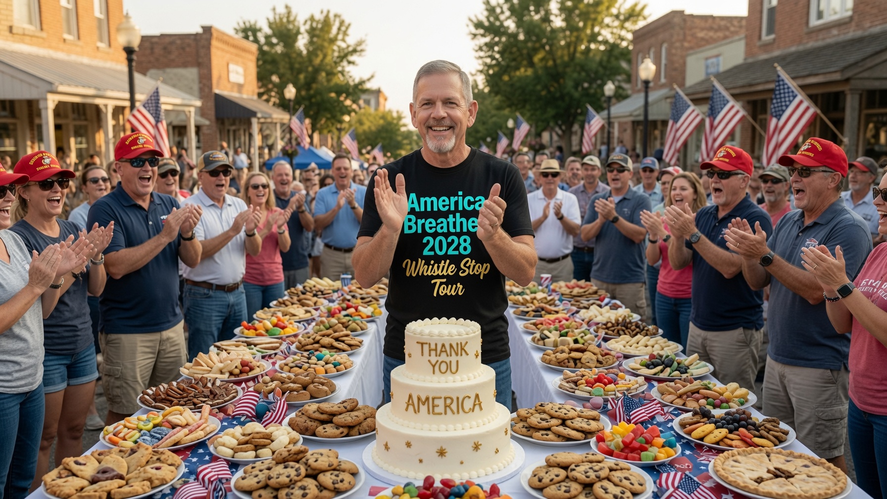 David Blaesing celebrating with a cheering crowd on Main Street beside a Thank You America cake