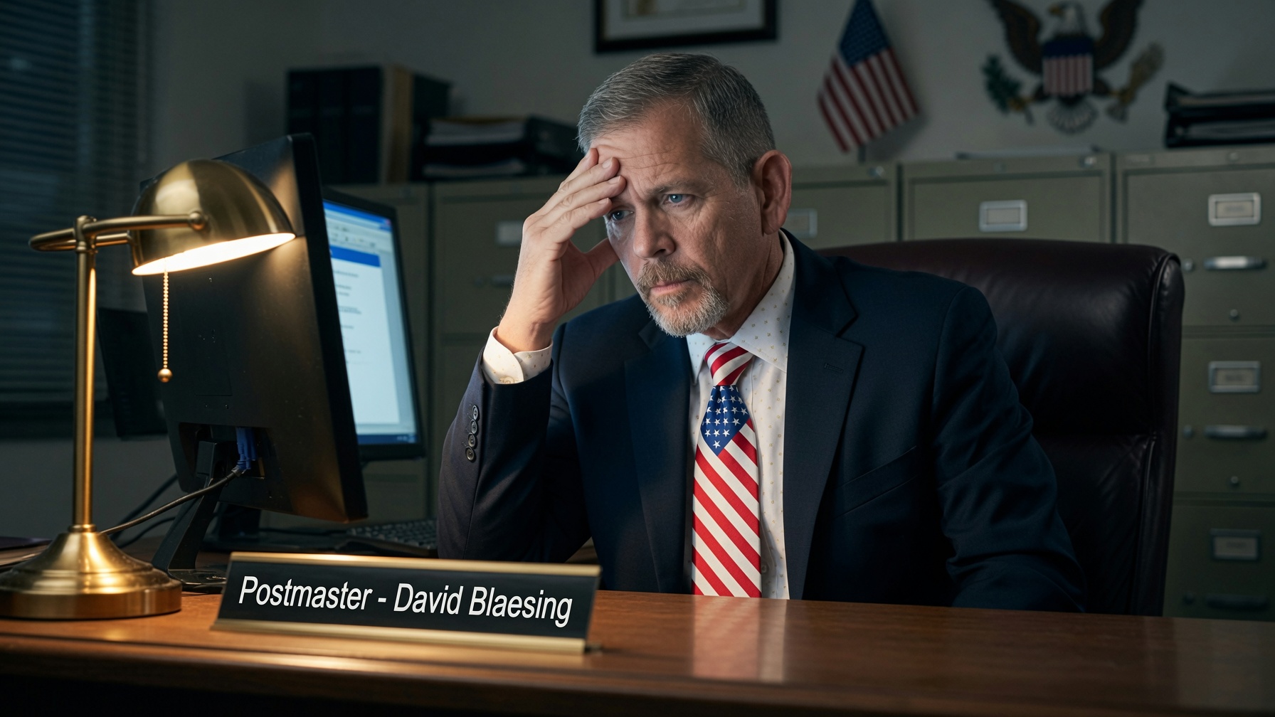 Postmaster David Blaesing overwhelmed by paperwork at his desk
