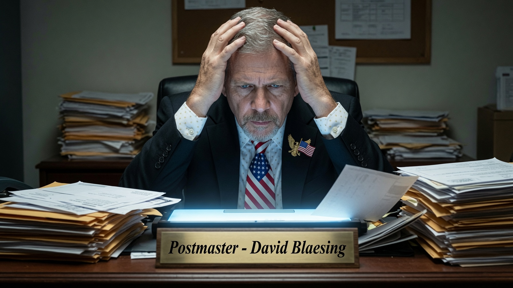 Postmaster David Blaesing buried in paperwork at his desk
