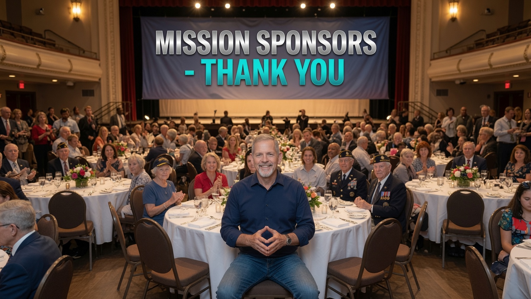 David Blaesing seated among cheering veterans and supporters at a Mission Sponsors banquet