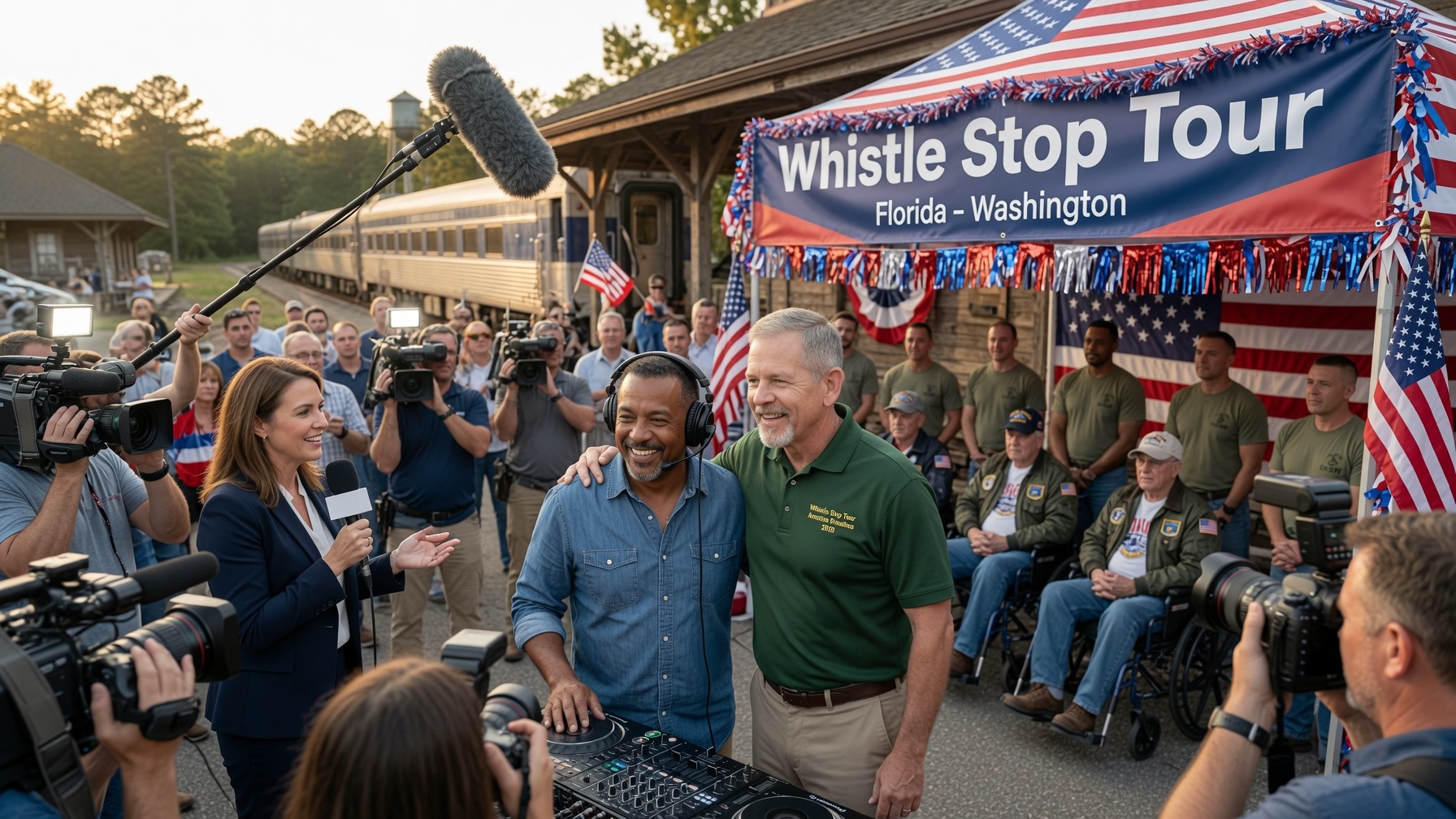 David Blaesing embracing a DJ beside the on-air booth as a TV crew films the Whistle Stop Tour depot event