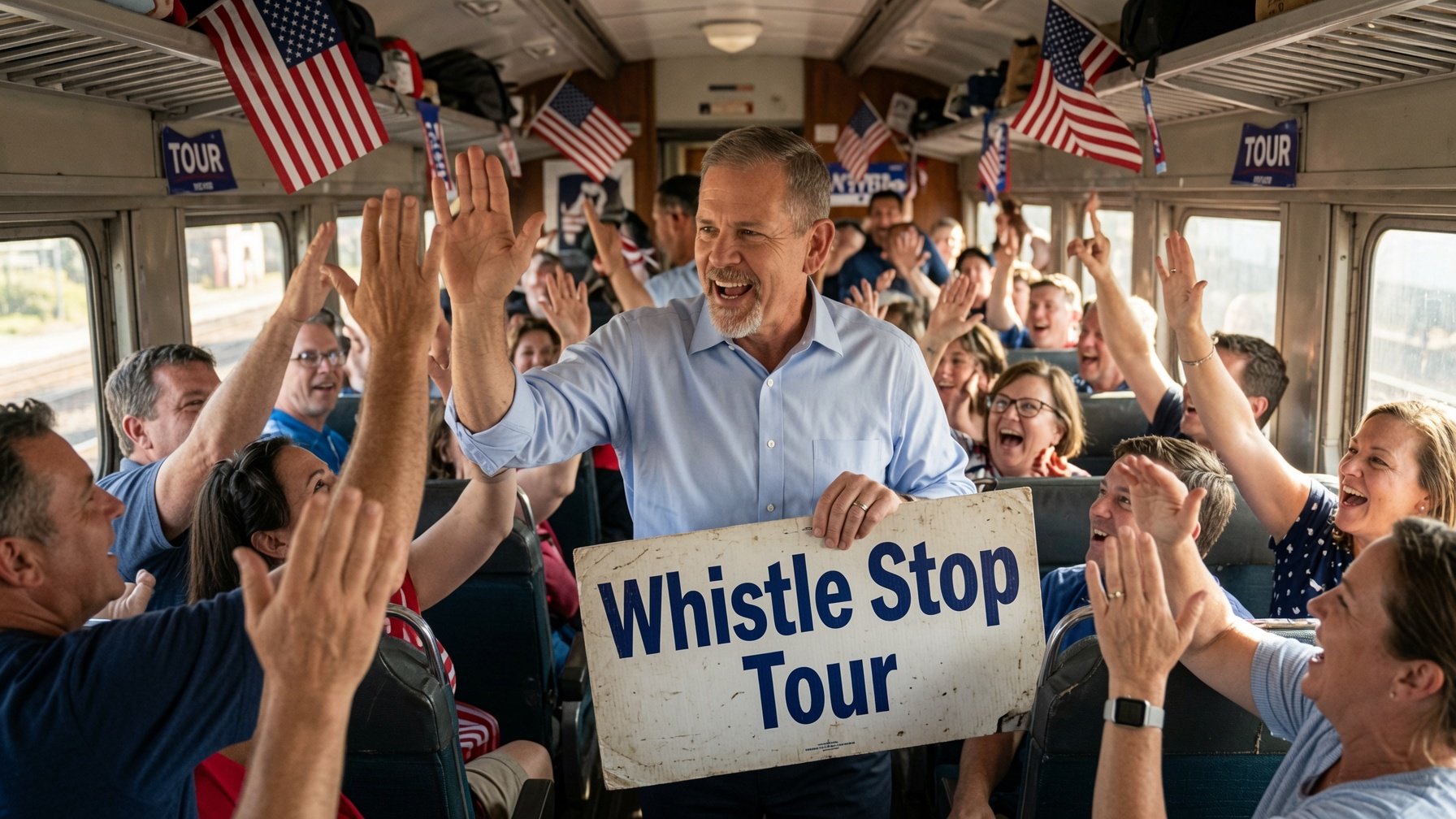 David high-fiving supporters aboard the Whistle Stop Tour train, everyone laughing and cheering