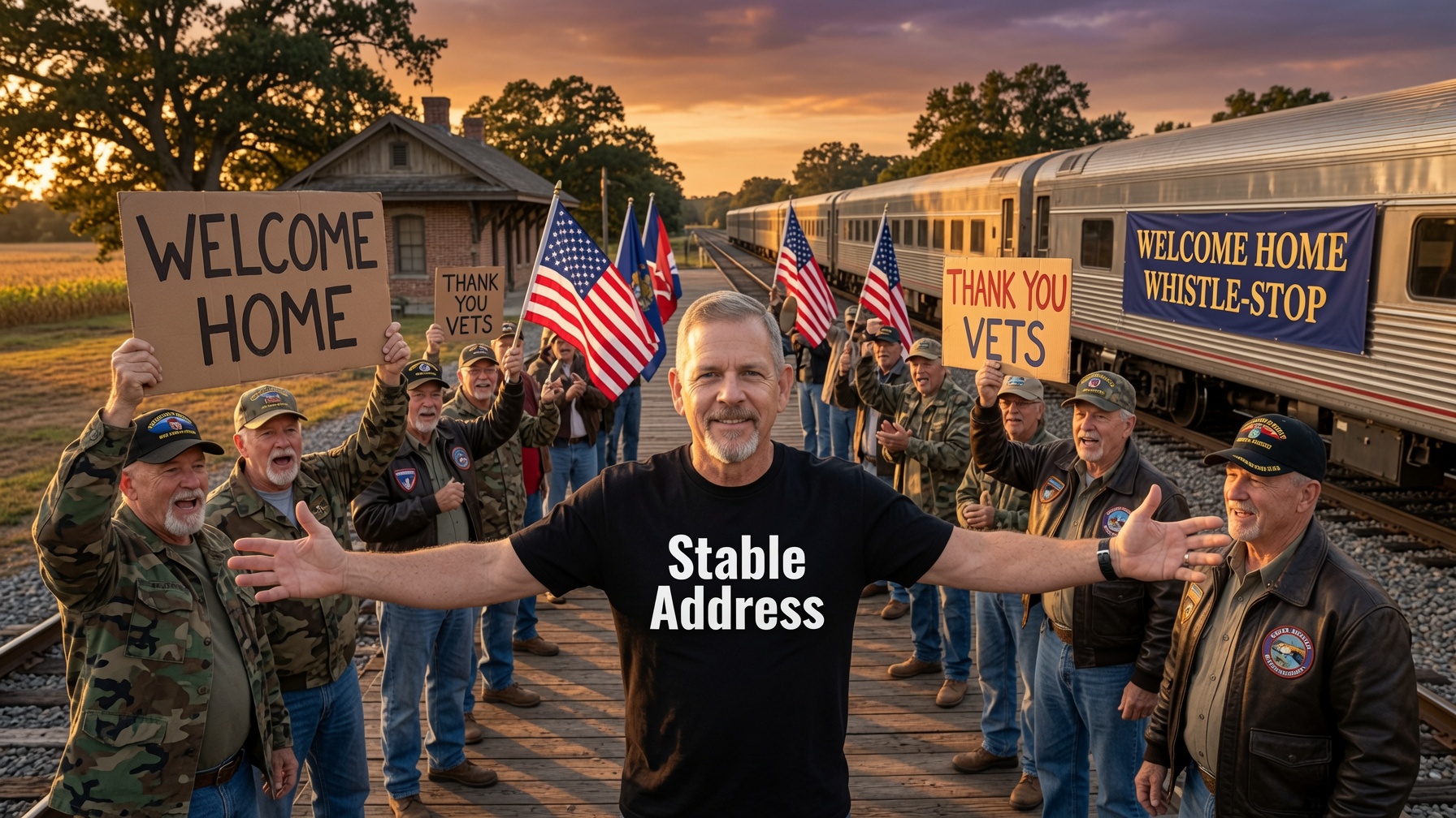 David welcoming veterans with open arms at a sunset train depot, Welcome Home and Thank You Vets signs held by the crowd