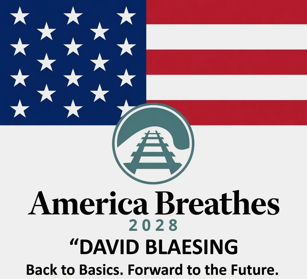 America Breathes 2028 emblem — American flag with railroad logo and the tagline Back to Basics, Forward to the Future