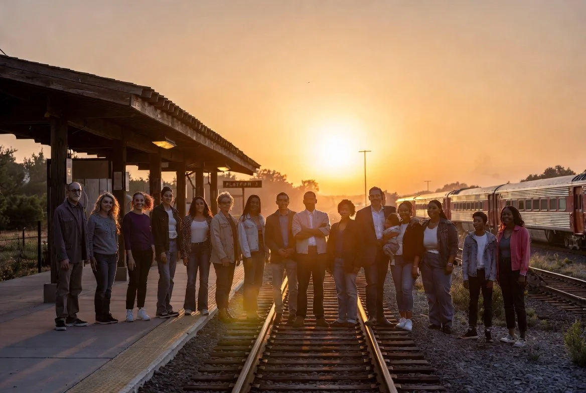 Supporters gathered on the train tracks at sunset, ready to join the movement