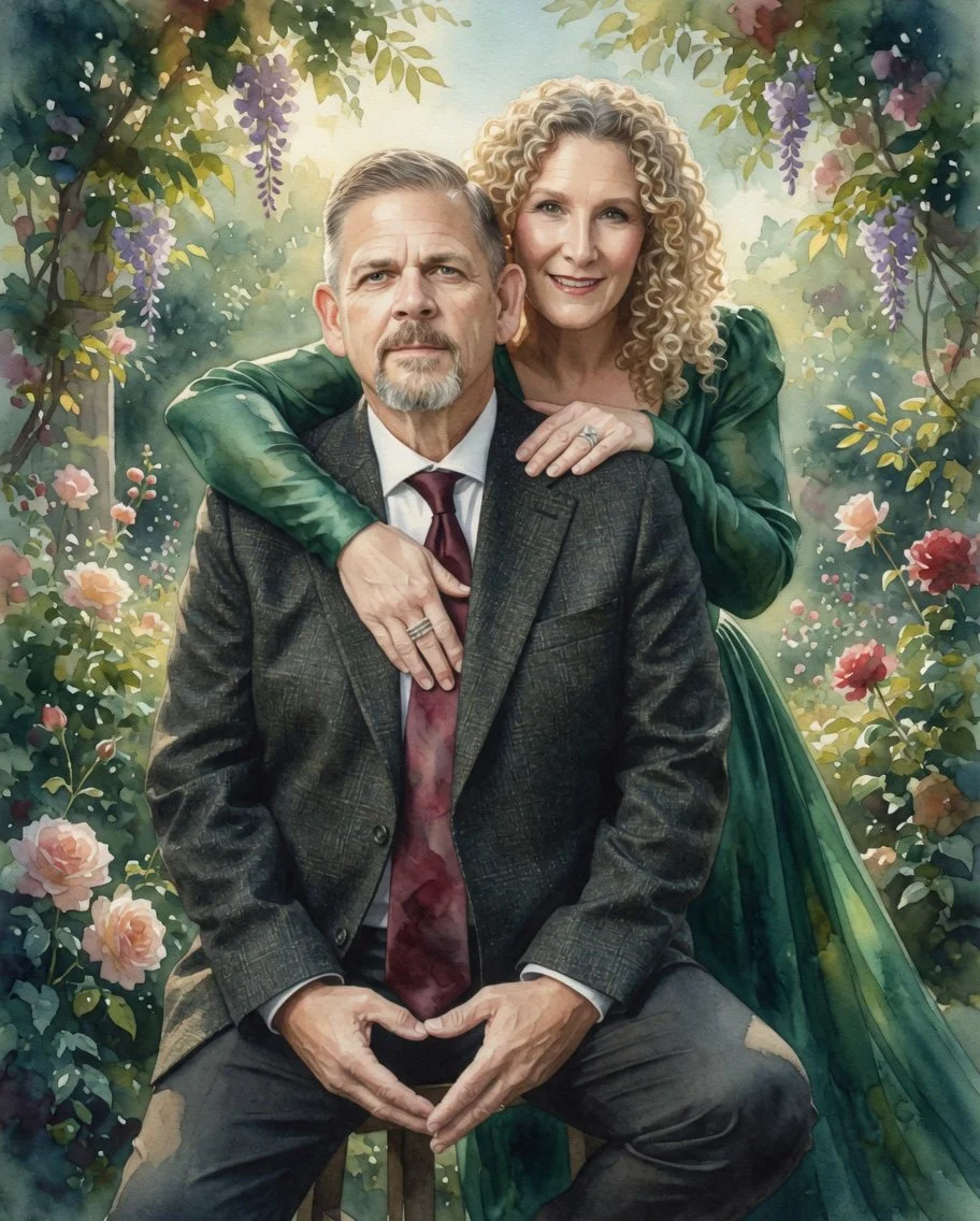 Watercolor portrait of David Blaesing and his wife Amy surrounded by garden flowers