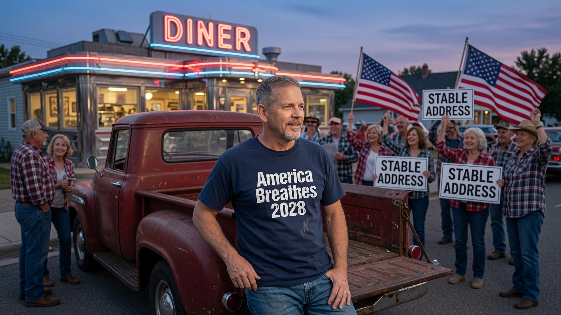 David standing by a vintage pickup truck outside a classic neon diner, with a small group of supporters holding Stable Address signs