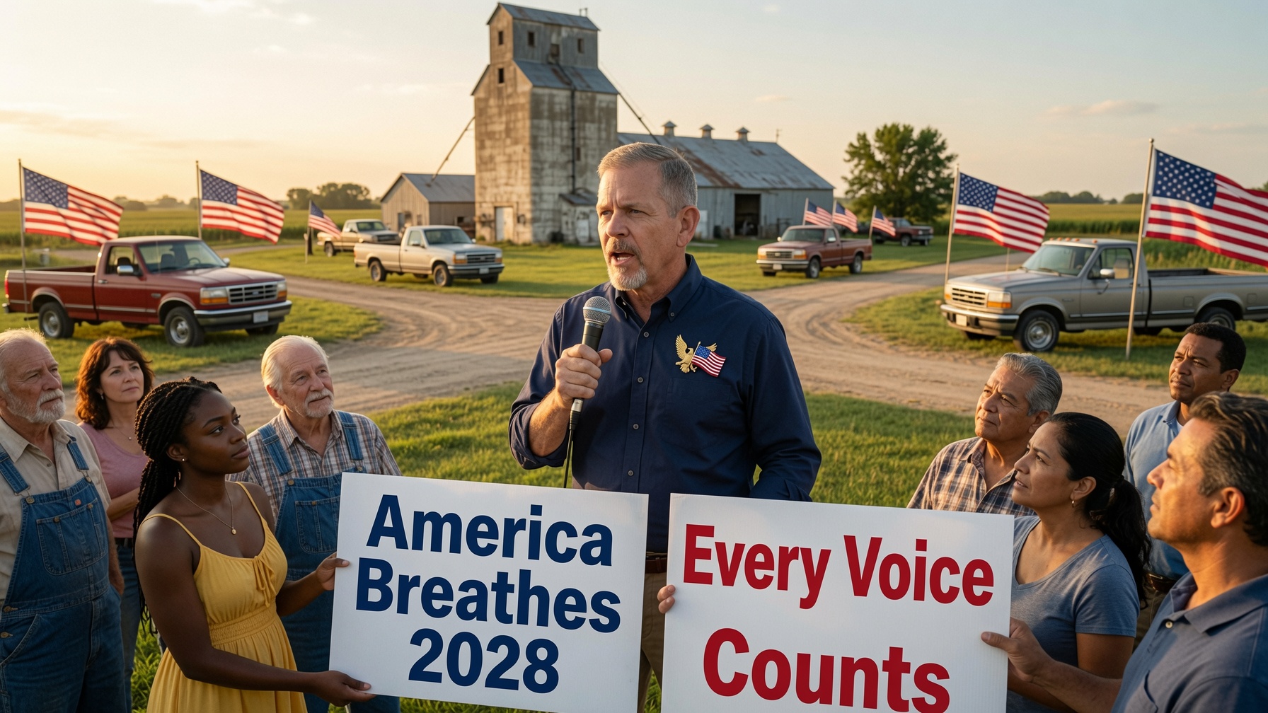 David listening to a diverse group of rural Americans at a small-town farm stop