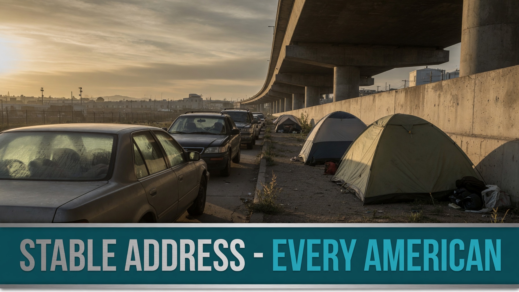 Cars and tents lined up beneath a freeway overpass — the reality of housing instability in America