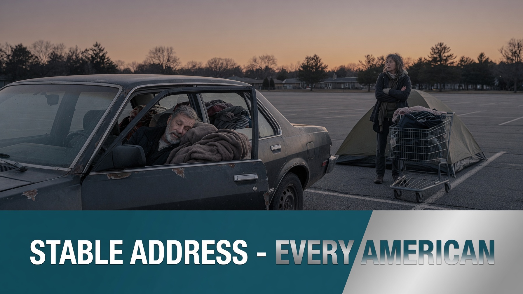 A man sleeping in his car beside a tent in a parking lot — homelessness affects veterans and everyday Americans alike