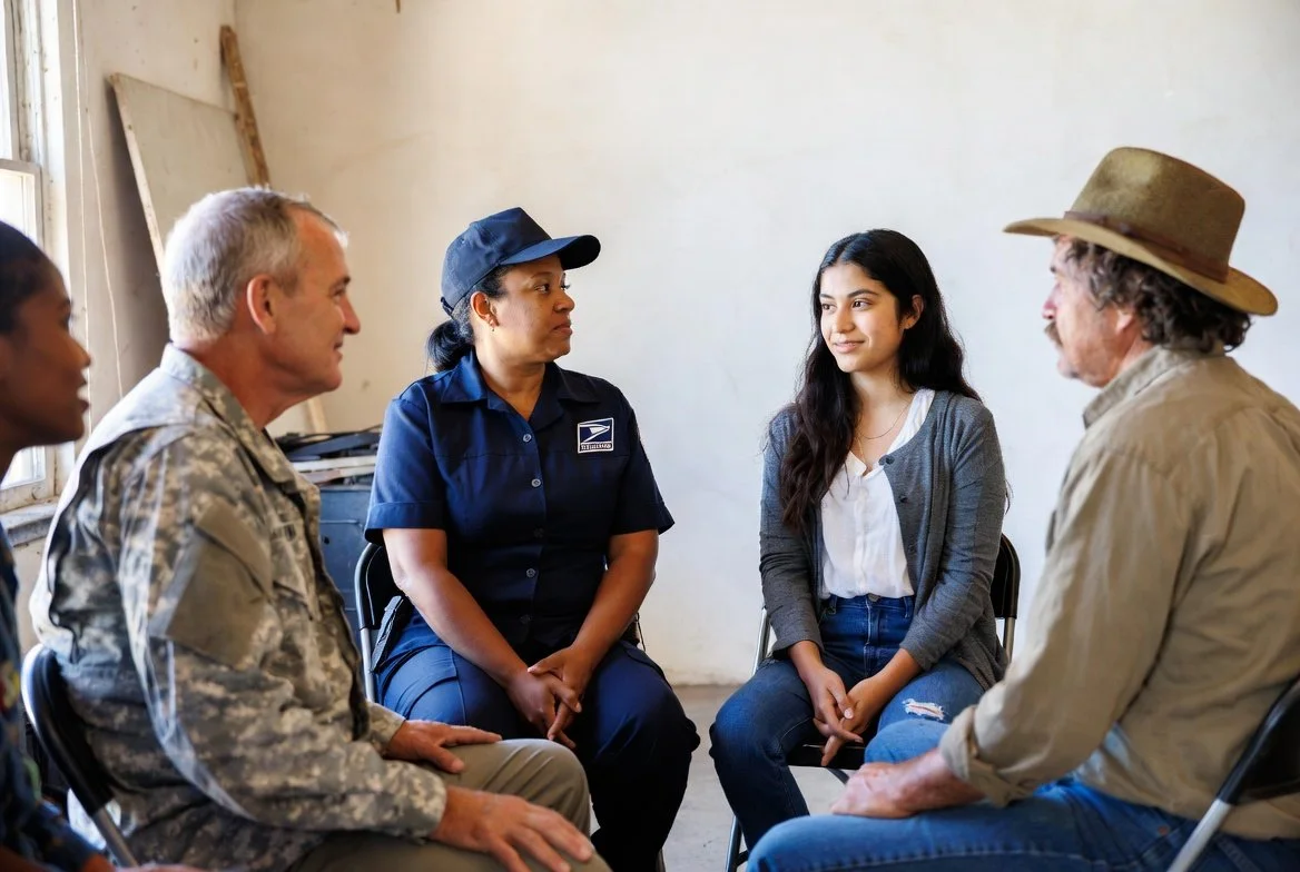A veteran, a postal worker, a young woman, and a rancher sitting in a circle, genuinely listening to one another