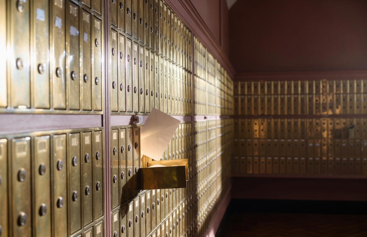 A bank of USPS post office boxes — the existing infrastructure behind the Stable Address