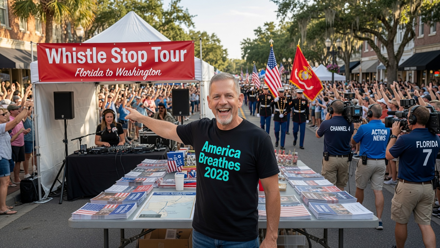David Blaesing pointing to the Whistle Stop Tour banner amid a cheering crowd and news crews