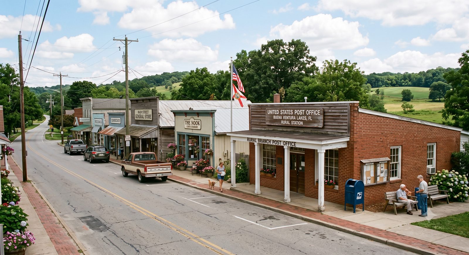 A rural Main Street post office — the backbone of small-town connection