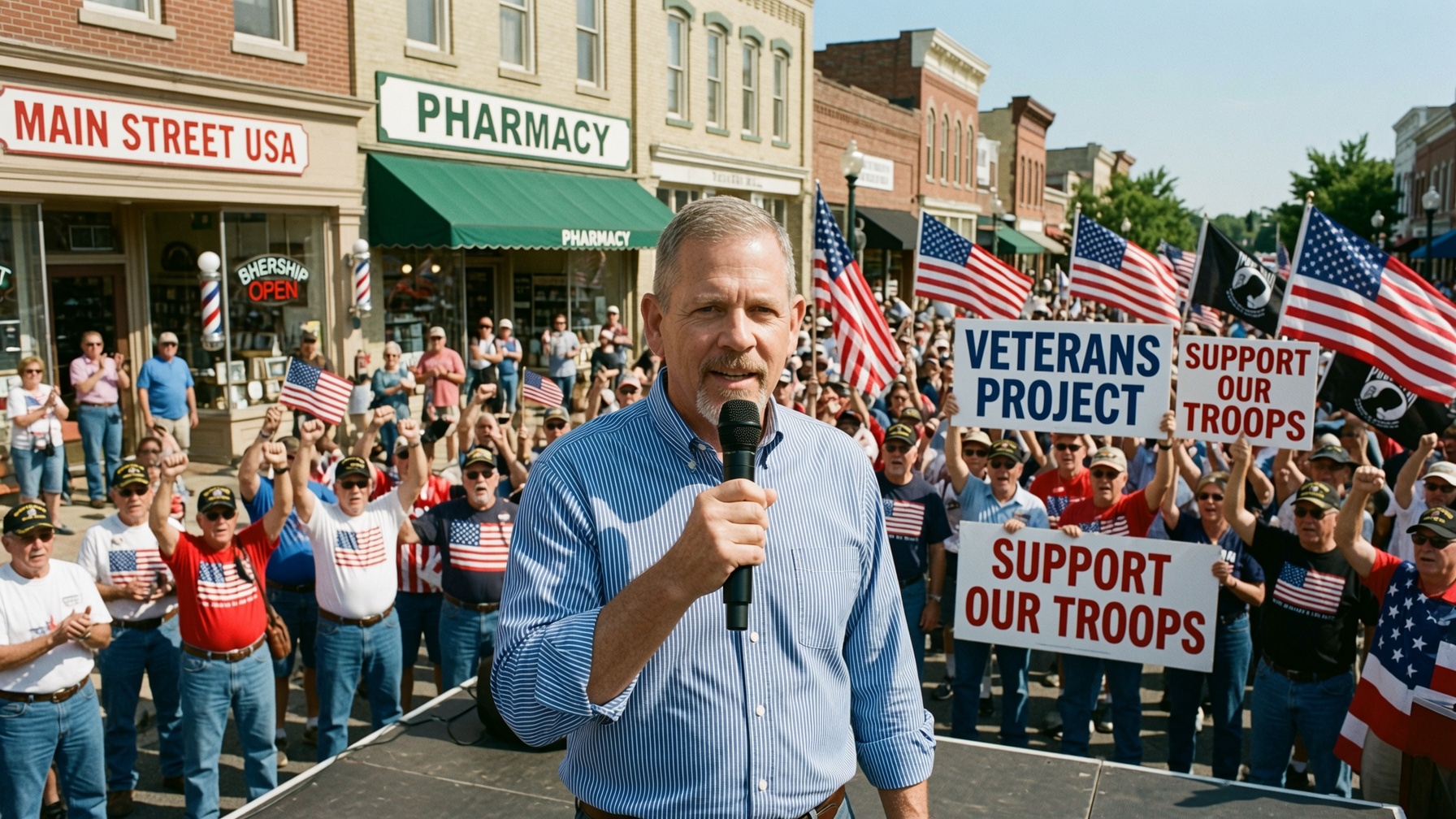David addressing a crowd of veterans and supporters on Main Street, holding Veterans Project and Support Our Troops signs