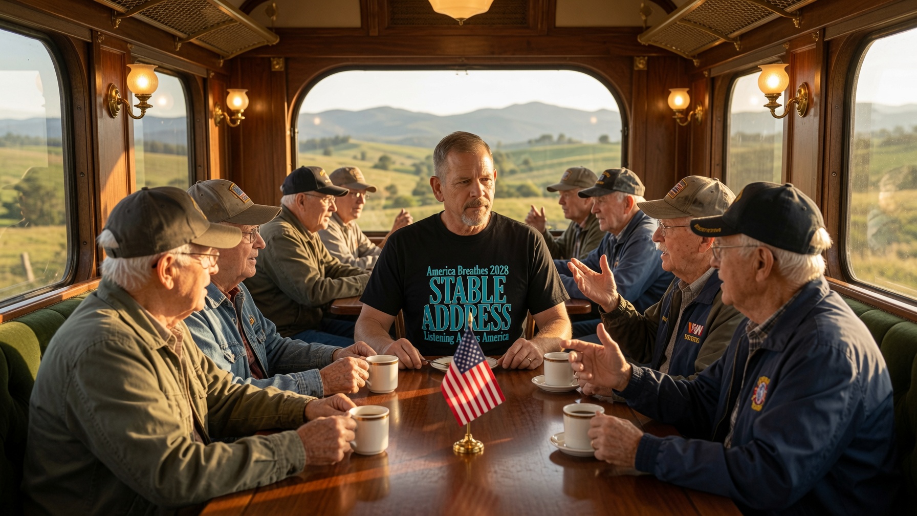 David listening to America — sitting down with veterans over coffee in a train car