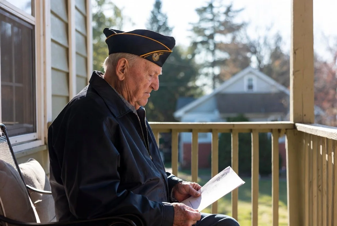 An elderly veteran sitting alone on his porch, reading an important piece of mail