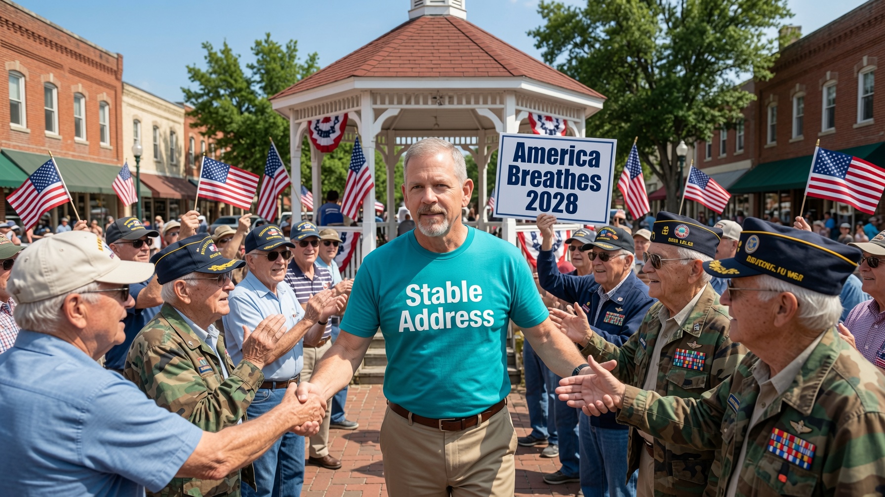David shaking hands with elderly veterans at a community gathering