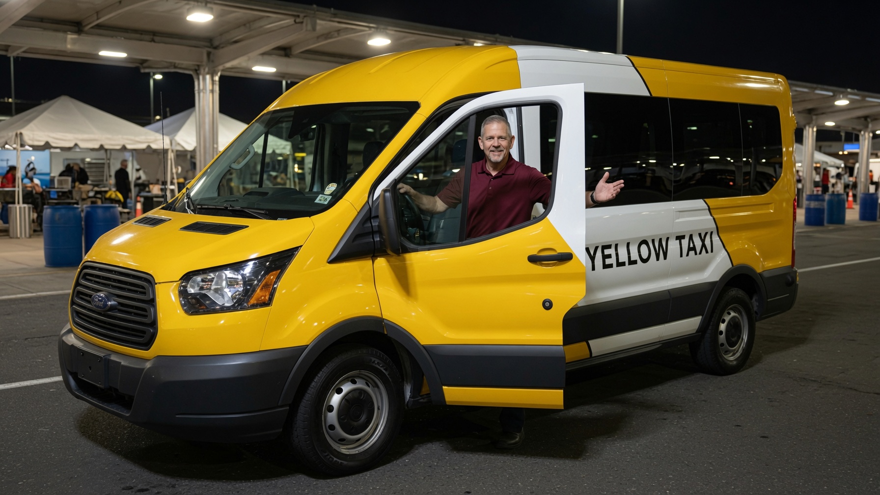 David driving a yellow taxi